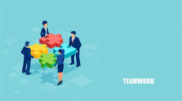 Isometric vector of business people solving a problem in team isolated on blue background. Teamwork concept banner. Isometric vector of business people solving a problem in team isolated on blue background. partnership teamwork stock illustrations