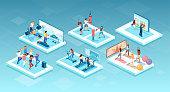 Isometric vector of people doing different workouts at the gym, fitness center