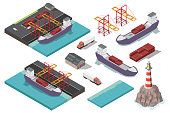 istock Isometric vector port ship loading logistic concept 923278706