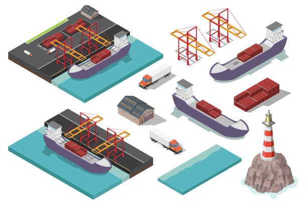 ilustrações de stock, clip art, desenhos animados e ícones de isometric vector port ship loading logistic concept - porto