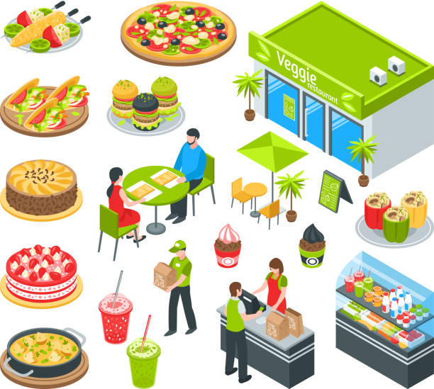 ilustrações de stock, clip art, desenhos animados e ícones de isometric vegetarian natural healthy food cafe raw diet set - pizza table