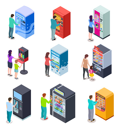 Isometric vending machine and people. Customers buy snacks, soda drinks and tickets in vending machines. 3d vector icons