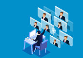istock Isometric video conference, online conference work, online communication 1262900238