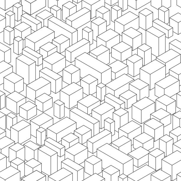 isometric view of abstract city isometric city in monochrome , seamless pattern city designs stock illustrations