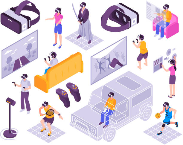isometric virtual reality vr set Virtual reality vr immersive experience simulators portable gadgets training activities headsets displays isometric icons collection vector illustration vr stock illustrations