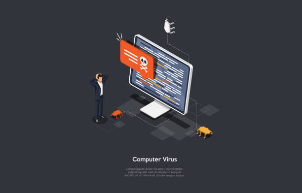 아이소메트릭 바이러스 보호 개념입니다. 인터넷 보안. 컴퓨터에 대한 사이버 공격. 바이러스 백신 소프트웨어에 의한 컴퓨터 보호. 보호 노트북 및 방패. 벡터 그림입니다. - 사이보그 stock illustrations