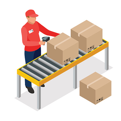 Isometric Warehouse manager or worker with bar code scanner checking