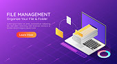 3d isometric web banner laptop transfer file and organize folder in the monitor. File transfer and data management concept landing page.