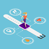 Flat 3d isometric woman running on smartwatch with heart rate monitors, counting calories, count steps and GPS technolog function. Wearable device technology and fitness tracker concept.