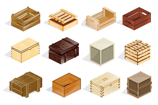 Isometric wooden box set. Open and closed wood package container for shipping, carrying and storage