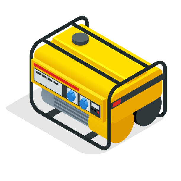 Isometric yellow Gasoline Generator. industrial and home immovable power generator. Diesel electric generator on outdoor vector illustration Isometric yellow Gasoline Generator. industrial and home immovable power generator. Diesel electric generator on outdoor vector illustration. generator stock illustrations