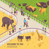Isometric zoo illustration with outdoor zoological garden scenery fence and images of african animals and people vector illustration