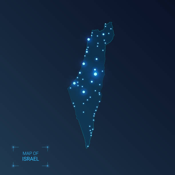 ilustraciones, imágenes clip art, dibujos animados e iconos de stock de mapa de israel con ciudades. puntos luminosos - luces de neón en fondo oscuro. ilustración vectorial. - israel