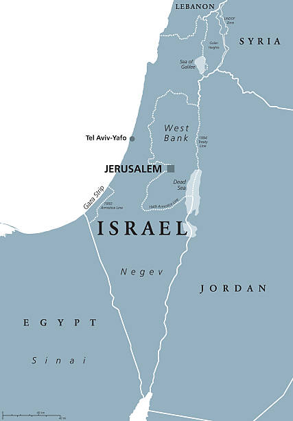 Israel political map gray Israel political map with capital Jerusalem and neighbors. State of Israel, a country in Middle East with Palestinian territories West Bank and Gaza Strip. Illustration with English labeling. Vector. jordan middle east stock illustrations