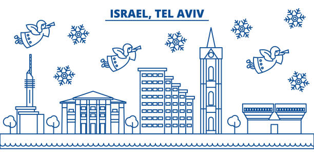 以色列, 特拉維夫冬季城市天際線。聖誕快樂, 新年裝飾與聖誕老人的旗幟. 冬季問候線卡。平面, 輪廓向量。線形聖誕雪景插圖 - tel aviv 幅插畫檔、美工圖案、卡通及圖標