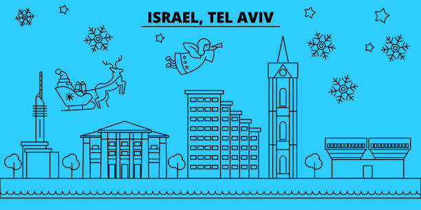 以色列, 特拉維夫冬季假期天際線。聖誕快樂, 新年快樂的旗幟裝飾與聖誕老人. 以色列, 電話阿維夫線性聖誕城市向量平插圖 - tel aviv 幅插畫檔、美工圖案、卡通及圖標