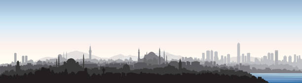 Istanbul city skyline. Travel Turkey background. Turkish urban cityscape with landmarks Istanbul city skyline. Travel Turkey background. Urban panoramic view. Cityscape with famous building silhouette sea silhouettes stock illustrations