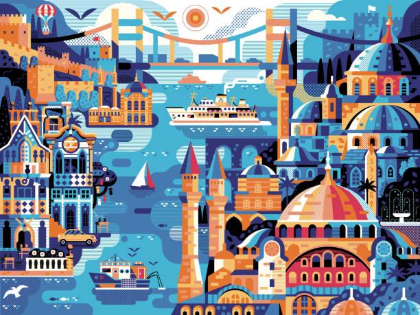伊斯坦布爾全景城市景觀旅遊水準復古海報 - 土耳其 插圖 幅插畫檔、美工圖案、卡通及圖標
