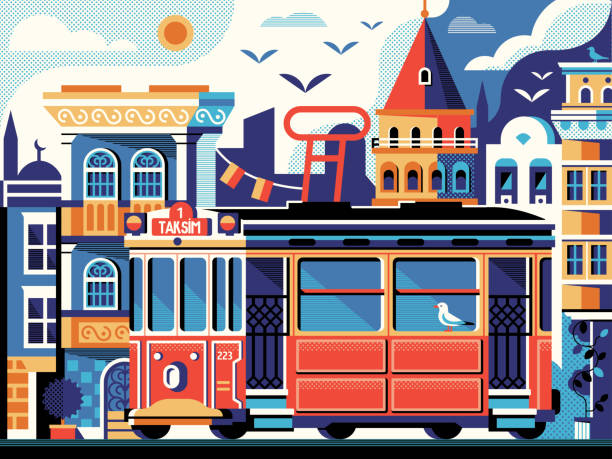 stockillustraties, clipart, cartoons en iconen met istanbul rode tram scène met galata toren - karaköy istanbul