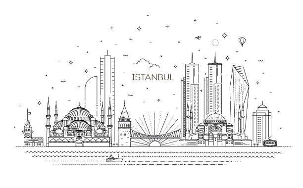 bildbanksillustrationer, clip art samt tecknat material och ikoner med istanbul skyline, vektor illustration i linjär stil - istanbul blue mosque skyline
