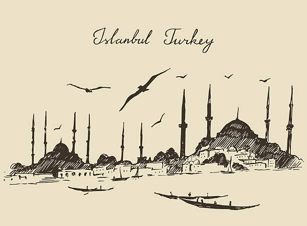 Istanbul, Turkey, Vintage Engraved Sketch Vector Istanbul Turkey city architecture harbor vintage engraved illustration hand drawn sketch mosque stock illustrations