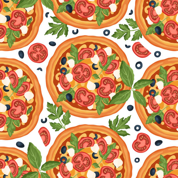 Italian cheese pizza vector illustration. Italian margherita cheese pizza vector illustration with basil, mozzarella, olives and tomato. Delicious tasty snack seamless pattern. Flat design. margherita stock illustrations
