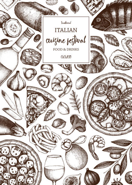 Italian cuisine art. Vintage Pizza and pasta illustration. Engraved style food and drinks sketches. Vector logo, icon, label, packaging, poster design. Festival menu template. pasta borders stock illustrations