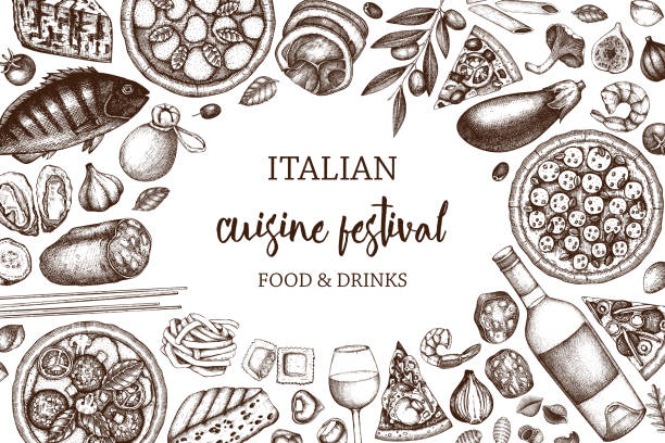 Italian cuisine design Vintage Pizza illustration.  Engraved style design with vector drawing for logo, icon, label, packaging, poster. Italian food and drinks art. pasta borders stock illustrations