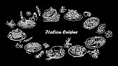 Italian cuisine line icon set. Italian Food. white silhouettes on a black background. Can be used for topics like healthy diet, dinner, restaurant menu, cooking. Hand Made Design Vector. Outline style.