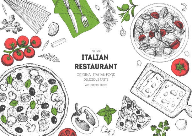 Italian cuisine top view frame. A set of Italian dishes with pasta and pizza. Food menu design template. Vintage hand drawn sketch vector illustration. Engraved image Italian cuisine top view frame. A set of Italian dishes with pasta and pizza. Food menu design template. Vintage hand drawn sketch vector illustration. Engraved image pasta borders stock illustrations