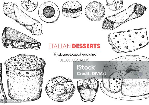 istock Italian dessert vector illustration. Italian sweet hand drawn sketch. Baking collection. Vintage design template. Cannoli, panforte, panettone, struffoli, ciambellone, amaretti, bombolone, affogato. 1366089919