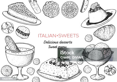 istock Italian dessert vector illustration. Italian sweet hand drawn sketch. Baking collection. Vintage design template. Torta della nonna, zabaglione, semifreddo, gelato, panna cotta, pizzelle illustration. 1366089933