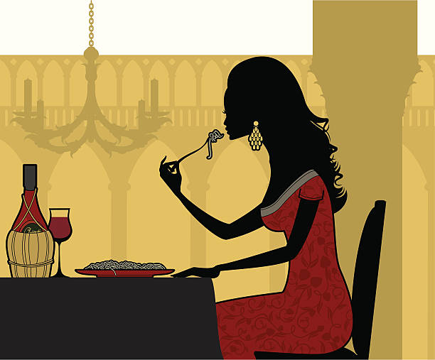 Italian Dining A woman eating italian food. Click below for more food and interior images. pasta silhouettes stock illustrations
