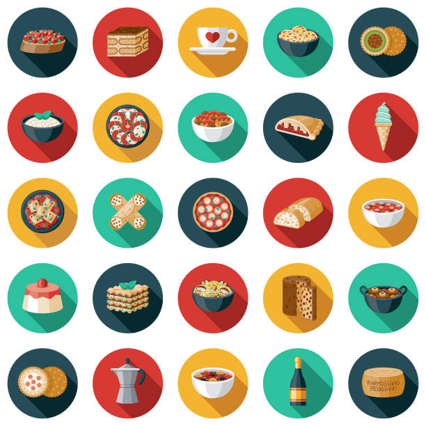 illustrazioni stock, clip art, cartoni animati e icone di tendenza di set di icone del cibo italiano - panettone