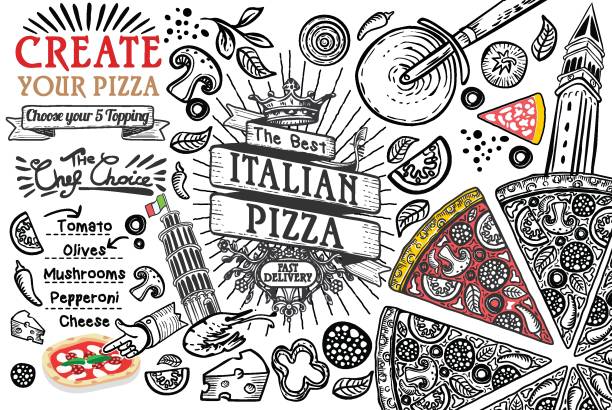 illustrazioni stock, clip art, cartoni animati e icone di tendenza di ingredienti alimentari italiani come doodle per pizza - tovaglietta