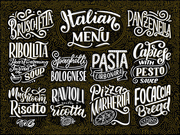 Italian food menu - names of dishes. Lettering , stylized drawing. Vector illustration. Background for restaurant, cafe, showcase, storefront design Italian food menu - names of dishes. Lettering , stylized drawing. Vector vintage illustration. Background for restaurant, cafe, showcase, storefront design cheese borders stock illustrations