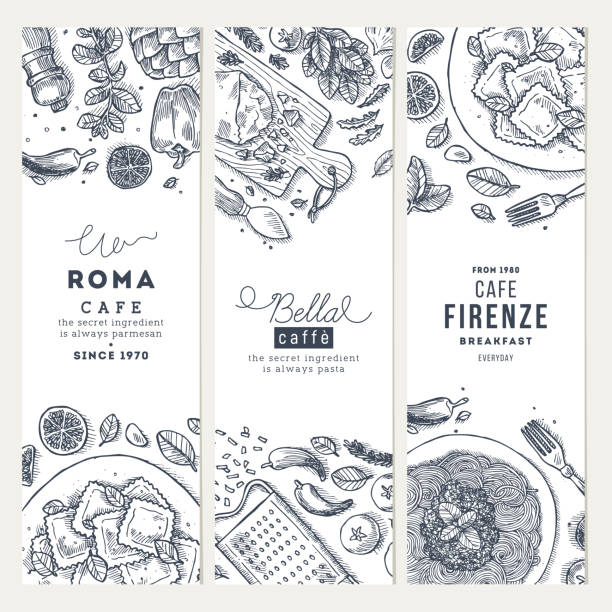 Italian food vertical banner set. Spagetti and ravioli. Engraved style illustration. Hero image. Vector illustration Hero image. Vector illustration. Italian food top view illustration. Spagetti and ravioli table background. Engraved style illustration. cheese borders stock illustrations