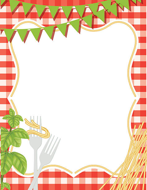 Italian Foods Pasta Background With Frame Italian Foods Pasta Background With Frame of spaghetti. There are green bunting flags across the top and two forks and a basil plant and spaghetti on the edge. The background is a red checked tablecloth. pasta borders stock illustrations