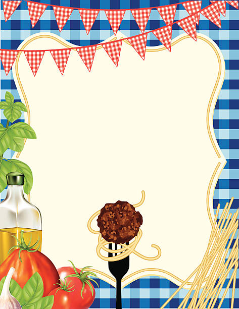 Italian Foods Pasta Background With Frame Italian Foods Pasta Background With Frame of spaghetti. There are red bunting flags across the top and a fork with a meatball on it. On the left side there are tomatoes and a basil plant as well as olive oil. The background is a blue checked tablecloth. pasta borders stock illustrations
