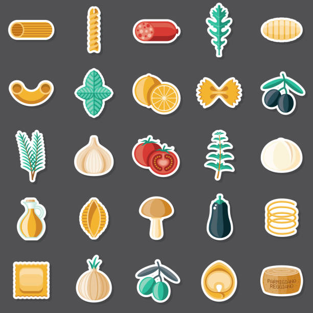 Italian Ingredients Sticker Set A set of ingredients icons for Italian cooking. File is built in the CMYK color space for optimal printing. Color swatches are global so it’s easy to edit and change the colors. parmesan cheese illustrations stock illustrations