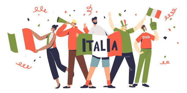 이탈리아 애호가, 축구 팬들은 국가 색상을 입고 깃발을 들고 이탈리아의 날을 축하합니다. - progress pride flag stock illustrations