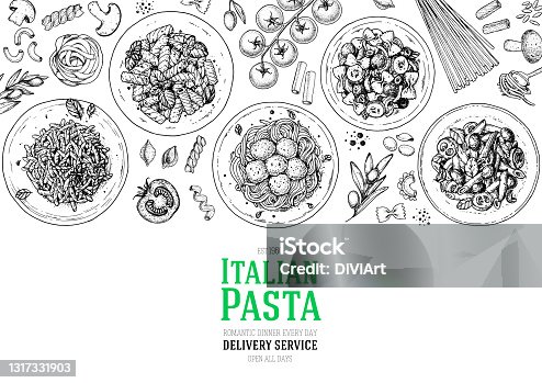 istock Italian Pasta frame. Hand drawn vector illustration. Italian Pasta top view. Food design template. Farfalle, Penne and Spaghetti illustration. Classic italian cuisine. Engraved style. NEW 2020 1317331903