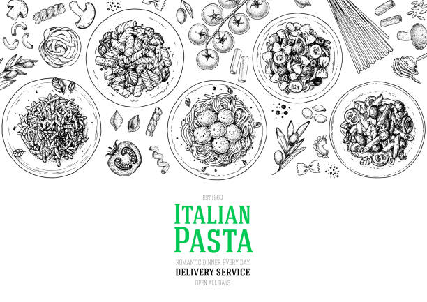義大利麵架。手繪向量插圖。義大利麵食頂級視圖。食品設計範本。法法爾、佩恩和義大利面插圖。經典的義大利美食。雕刻風格。新2020年 - pasta 幅插畫檔、美工圖案、卡通及圖標