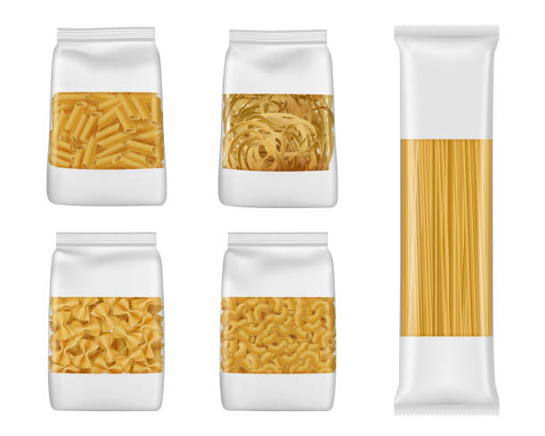 Italian pasta packs of penne, farfalle, spaghetti Pasta and Italian macaroni food package 3d vector mockups of foil and plastic bags with windows. Realistic templates of spaghetti, penne and farfalle, tagliatelle and elbow vermicelli packaging pasta stock illustrations