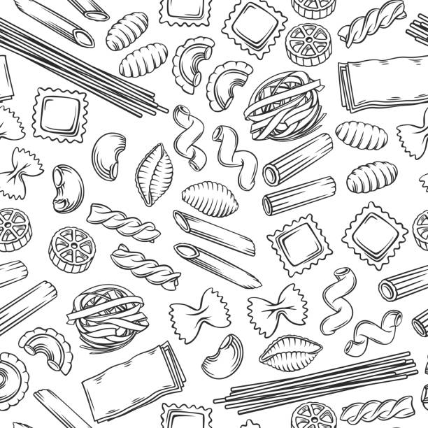 ilustrações de stock, clip art, desenhos animados e ícones de italian pasta seamless pattern - noodles