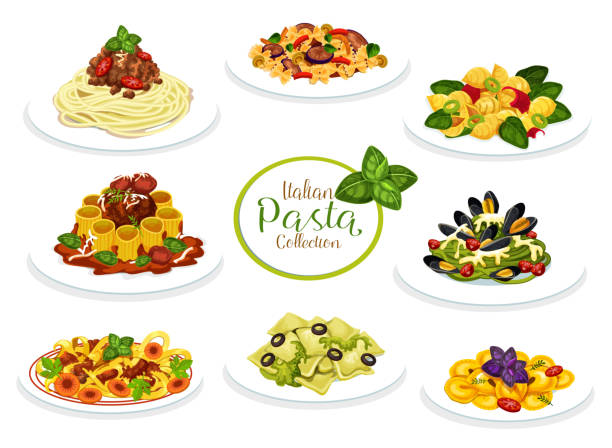 Italian pasta, spaghetti and macaroni dishes Pasta dishes of Italian cuisine. Vector spaghetti, macaroni and penne with meat tomato bolognese and cream cheese sauce, farfalle, ravioli and fusilli with pesto, meatball, seafood. Mediterranean food pasta stock illustrations