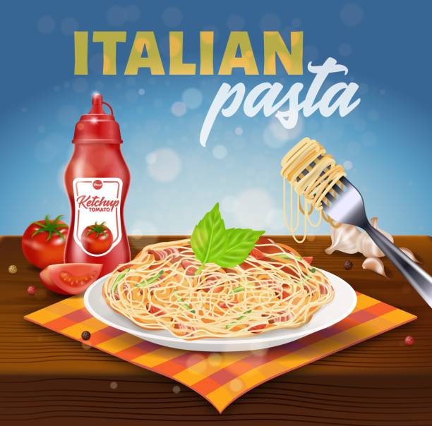 italienische pasta platz banner. teller mit spaghetti - tisch holzteller gedeckt stock-grafiken, -clipart, -cartoons und -symbole