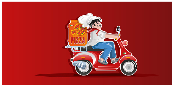 Italian pizza cook delivering food on scooter isolated on red background illustration