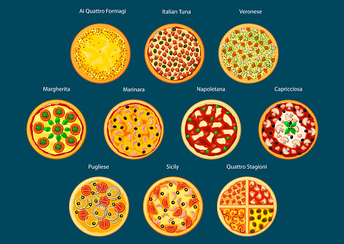 イタリアのピザメニューアイコンと異なるトッピング ピザのベクターアート素材や画像を多数ご用意 Istock