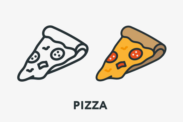 ilustrações de stock, clip art, desenhos animados e ícones de italian pizza salami pepperoni slice with melted cheese minimal flat line outline colorful and stroke icon pictogram - pizza